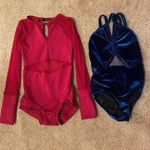❤️💙Five Dancewear Girls leotards Leo’s velvet teal l/s maroon size Large 8/10